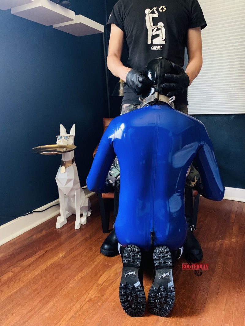 Blue Rubber Slave Serves Leather Master BootedRAY